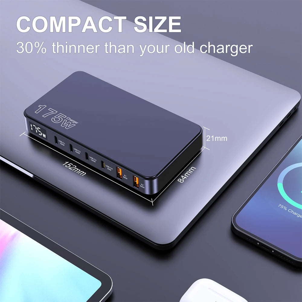 🔌⚡ Ueetop 175W GaN USB-C Desktop Charger – 6 Θύρες με LED Display & PD 100W Fast Charging 🔋
