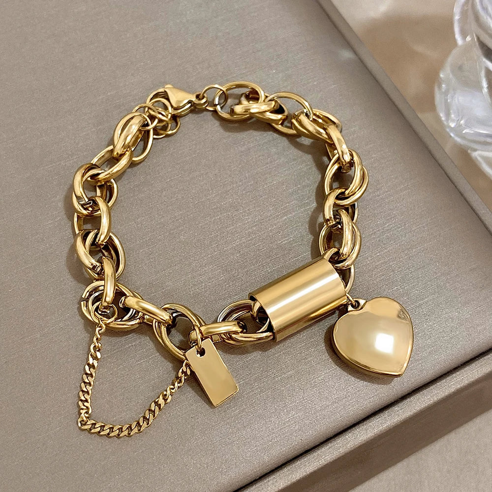 💛 Heart Lock Charm Bracelet – Γυναικείο Επιχρυσωμένο Βραχιόλι με Καρδιά & Χοντρή Αλυσίδα | Stainless Steel, Anti-Fade & Hypoallergenic