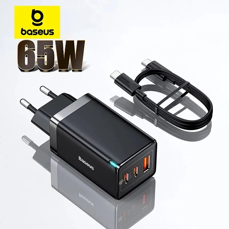 ⚡🔌 Baseus GaN5 Pro 65W Φορτιστής – PD & QC4.0/3.0 με 3 Θύρες (Type-C & USB) + Καλώδιο 100W 🚀