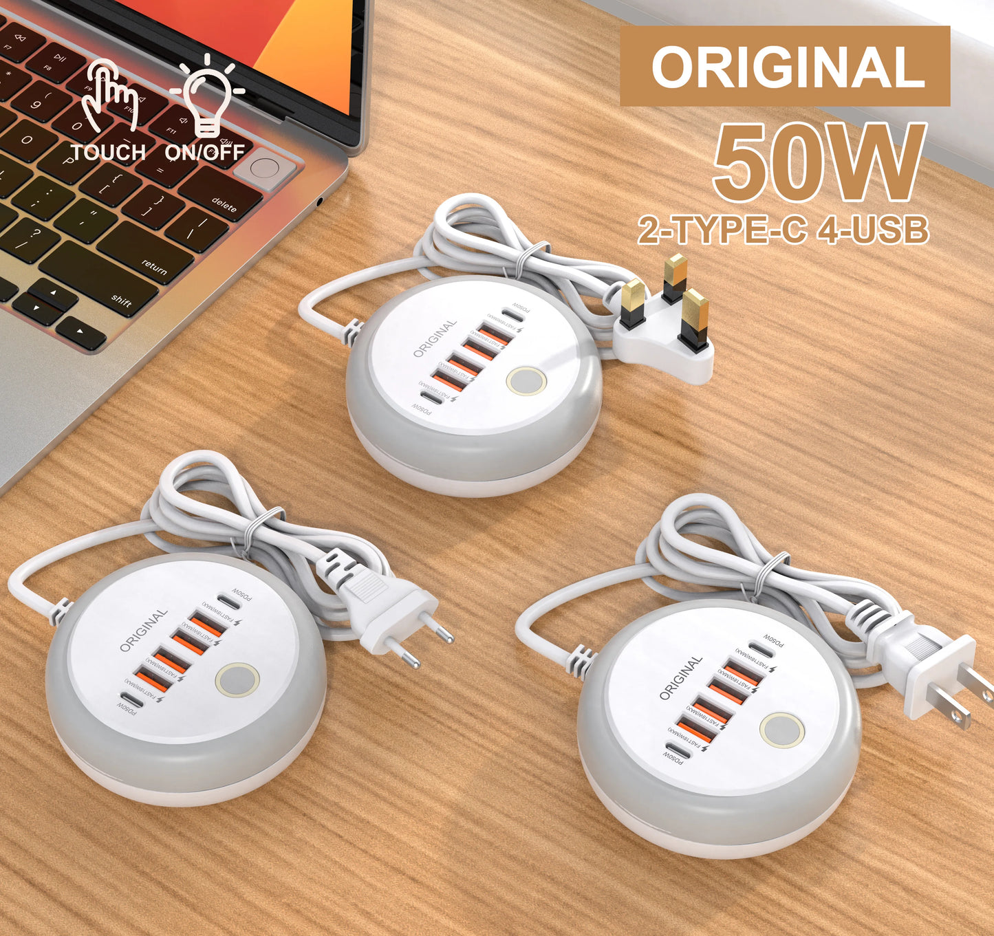⚡🔌 50W PD Multi-Port Charger 🚀📱 (4 USB-A + 2 USB-C – EU/US/UK Plug)