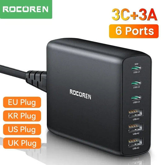 ⚡🔋 Rocoren 100W USB-C PD Desktop Charger – Πολυφορτιστής 6 Θυρών για iPhone, Samsung, Xiaomi & Laptops ✨
