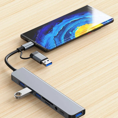 🔌 8-in-2 USB + Type-C HUB Docking Station με 3.5mm Audio & Card Reader