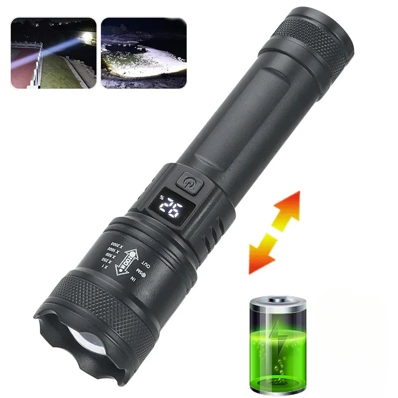 🔦 9900LM Powerful LED Flashlight – Επαναφορτιζόμενος Φακός με Zoom & Ένδειξη Μπαταρίας (USB Type-C)