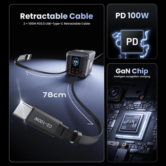 ⚡ ASOMETECH 300W GaN Charging Station – Πολυφορτιστής με LED Display & Retractable Type-C Καλώδια