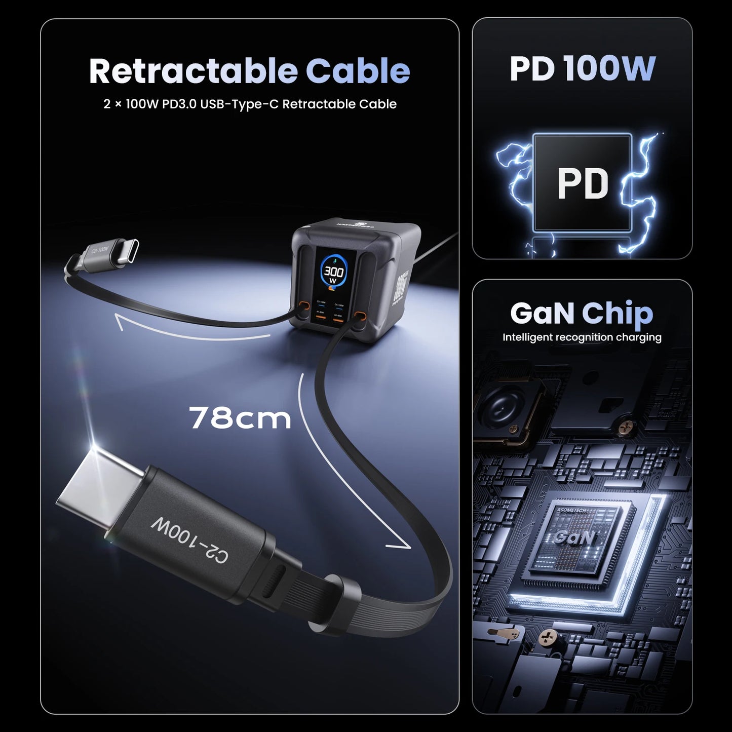 ⚡ ASOMETECH 300W GaN Charging Station – Πολυφορτιστής με LED Display & Retractable Type-C Καλώδια