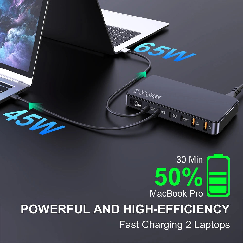 Ueetop 175W GaN USB-C Desktop Charger με LED Οθόνη – 6 Θύρες, PD 100W, PPS, Super Fast Charging