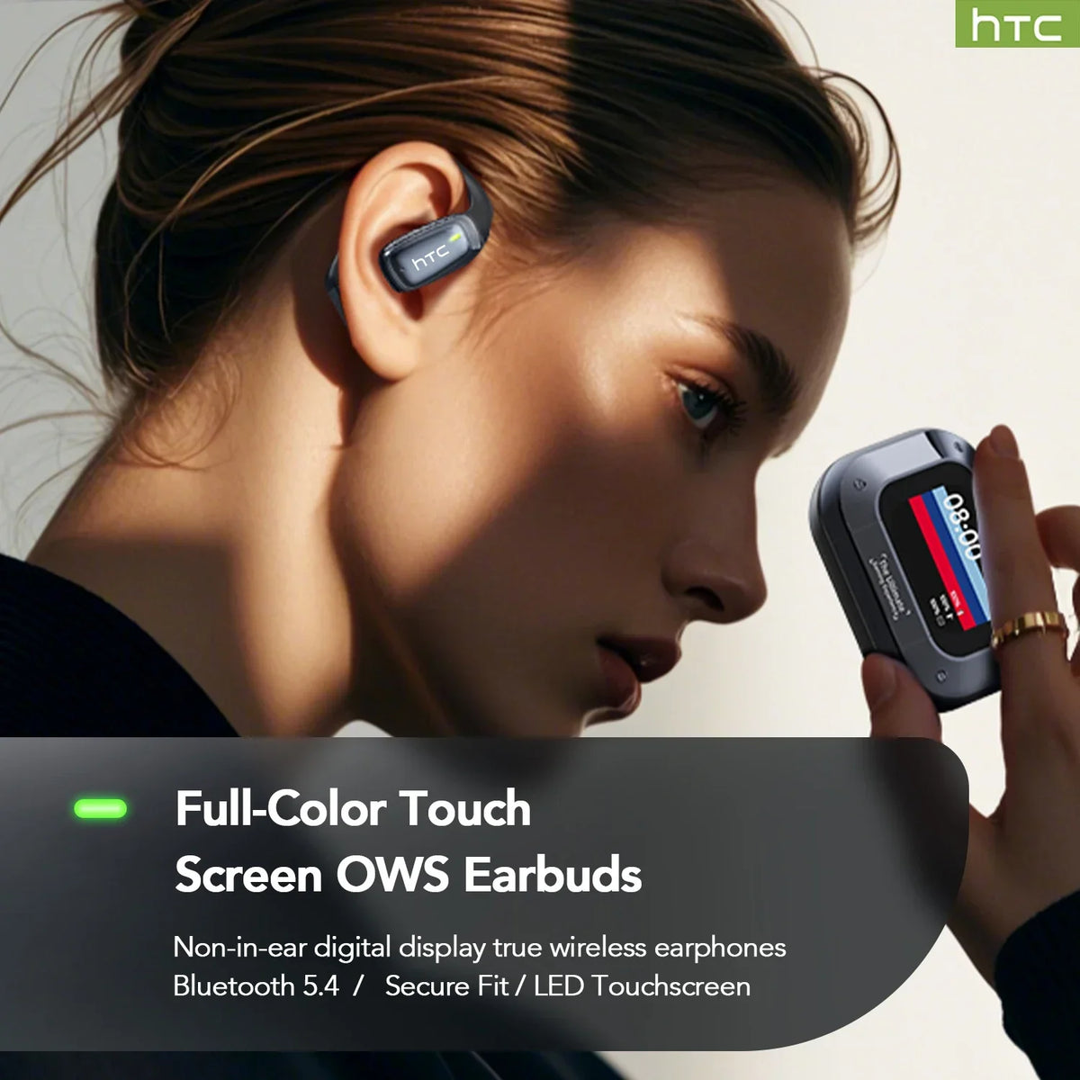 HTC NE25 AI Translator Earbuds with LCD Touch Screen – Open-Ear Bluetooth 5.3 Earbuds with Translation in 134 Languages & 50 Hours of Battery Life
