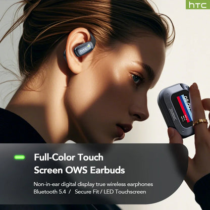 HTC NE25 AI Translator Earbuds with LCD Touch Screen – Open-Ear Bluetooth 5.3 Earbuds with Translation in 134 Languages & 50 Hours of Battery Life