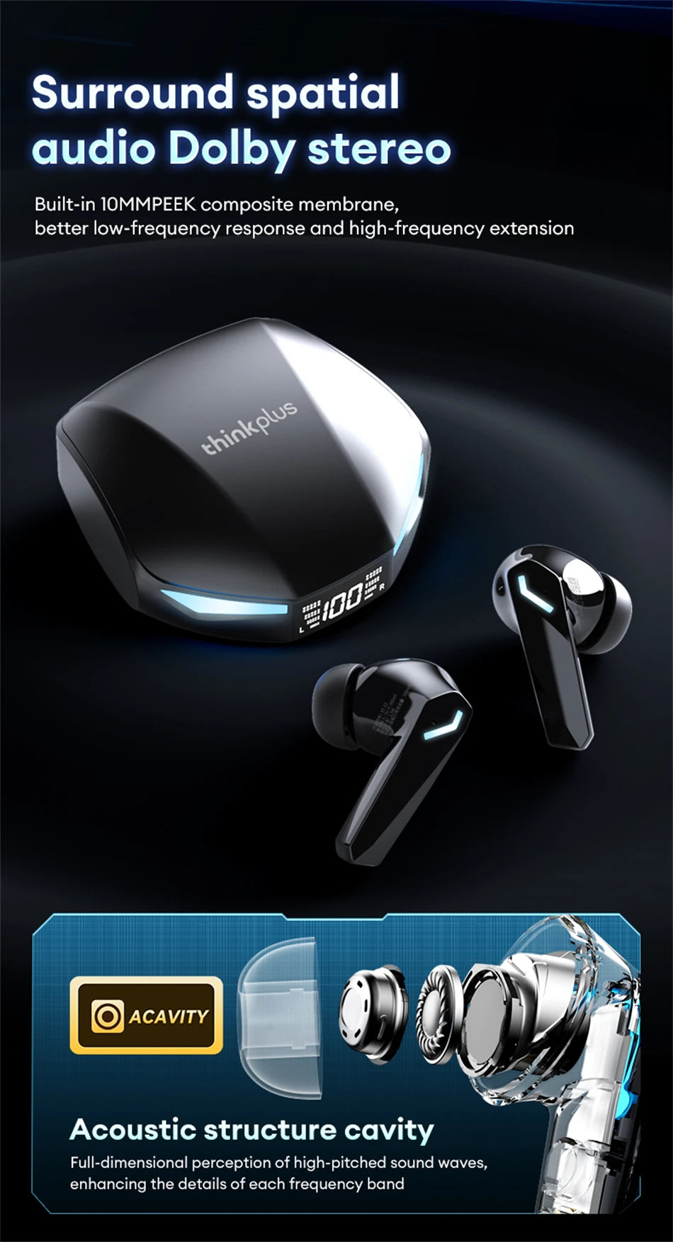 🎧 Lenovo XT53 Ασύρματα Bluetooth 5.4 Earbuds – Gaming Mode, LED Display & Αυτονομία έως 26 Ώρες