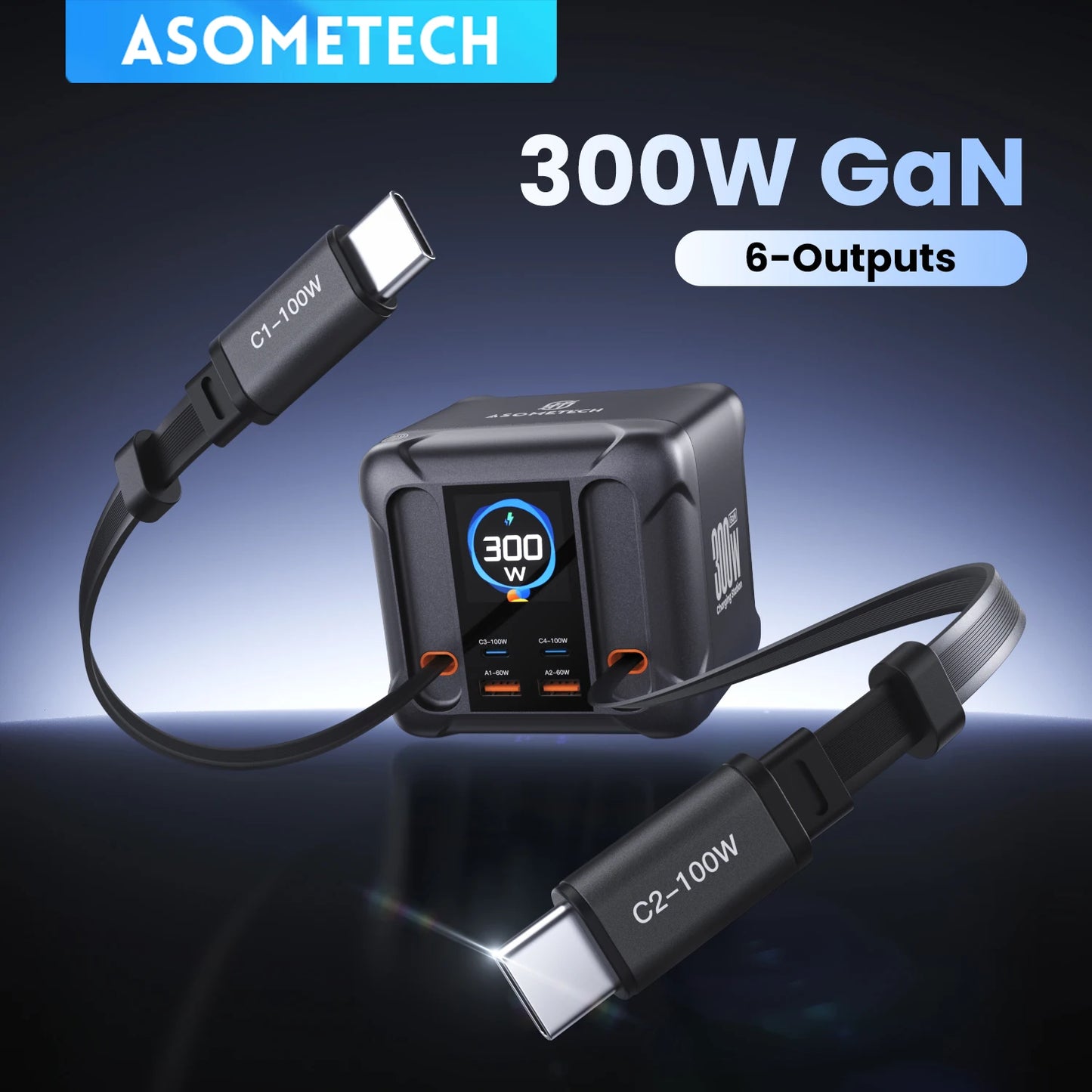 ⚡ ASOMETECH 300W GaN Charging Station – Πολυφορτιστής με LED Display & Retractable Type-C Καλώδια
