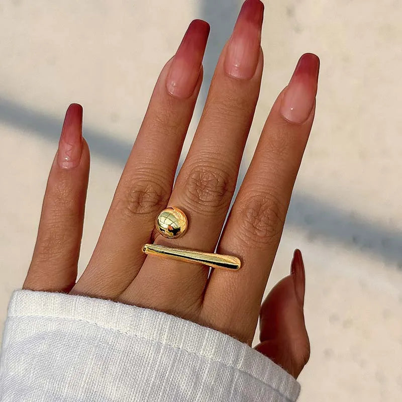 💫 Creative Irregular Geometric Ball Open Ring – Ρυθμιζόμενο Unisex Δαχτυλίδι με Μοντέρνο Punk Στυλ | Gold Color Line Design
