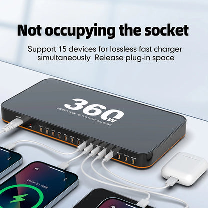 ⚡ 360W USB Φορτιστής 15 σε 1 – PD 24W Fast Charge με LED Οθόνη Η απόλυτη λύση για φόρτιση πολλών συσκευών ταυτόχρονα, γρήγορα και με ασφάλεια! 🔋📱💻