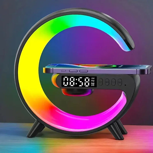 🔋🌈 Multifunction Wireless Charger Stand Pad RGB Light Alarm Clock Speaker (Mini Edition)