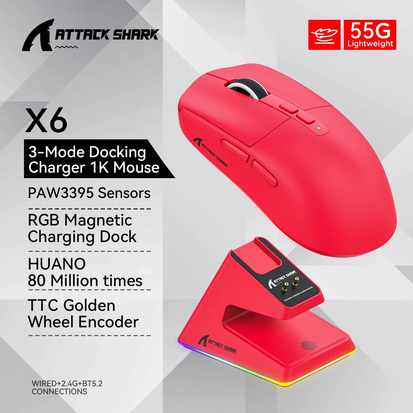 🎮🦈 ATTACK SHARK X6 – Ultra-Light Gaming Mouse με PAW3395, Tri-Mode & RGB Charging Base ⚡