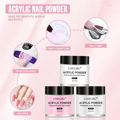 💅✨ Acrylic Nail Kit – Crystal Liquid 40ml & Acrylic Powder 45ml (Pink, White, Clear) 🎯