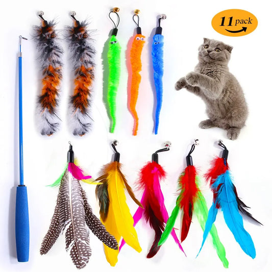 11pcs Cat Feather Toy Set 🐱🪶 | Replacement Heads + Retractable Stick 🎣 | Interactive Play & Exercise ✅