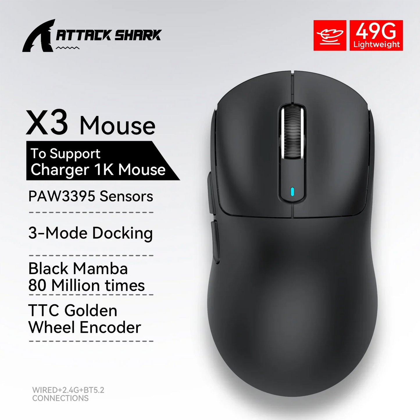 🦈 Attack Shark X3 Tri-Mode Wireless Gaming Mouse – PAW3395, 26000DPI, Ultra Lightweight 🖱️🔥 Pro-level απόδοση με 3 τρόπους σύνδεσης, 49g βάρος & PixArt αισθητήρα – για esports, streamers και creators!