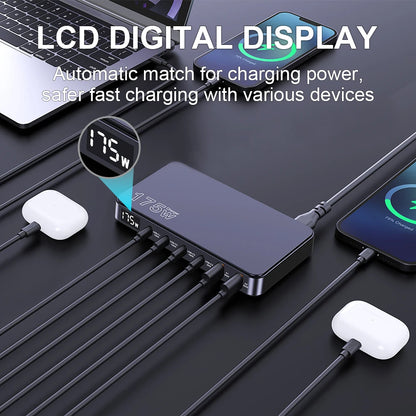 Ueetop 175W GaN USB-C Desktop Charger με LED Οθόνη – 6 Θύρες, PD 100W, PPS, Super Fast Charging
