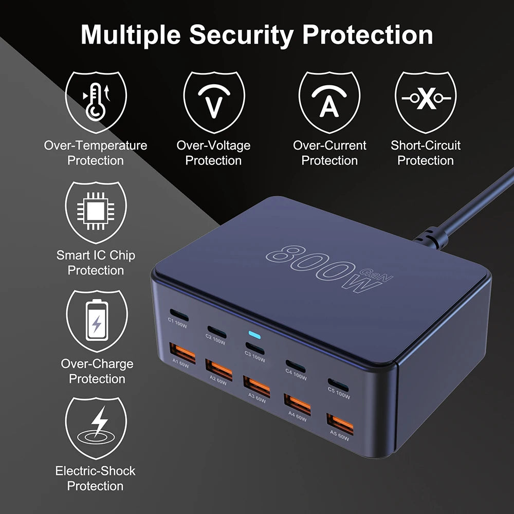 ⚡🔌 800W GaN Desktop Charger – 10 Θύρες USB-C / USB-A PD Fast Charging