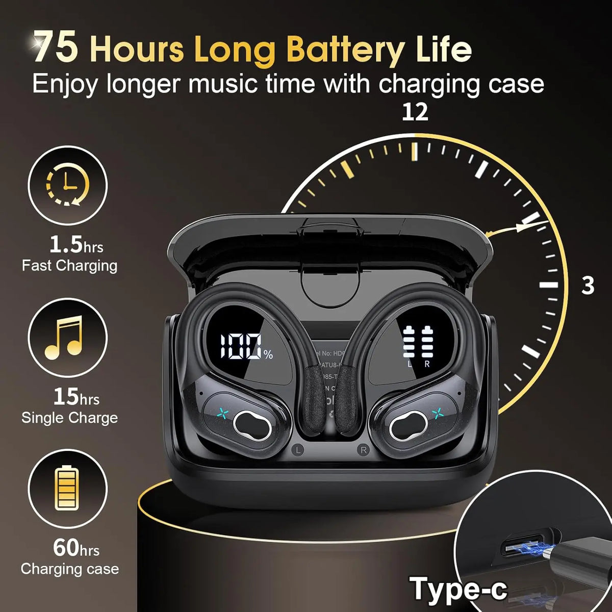 Wireless Sport Earbuds Bluetooth 5.4 with Earhooks, ANC, LED Display & up to 75 Hours of Battery Life