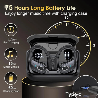 Wireless Sport Earbuds Bluetooth 5.4 with Earhooks, ANC, LED Display & up to 75 Hours of Battery Life