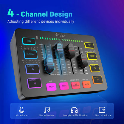 🎧 FIFINE Gaming Audio Mixer – AmpliGame SC3  Streaming 4-Channel RGB Mixer με XLR Microphone Interface για Gaming, Podcast & Live Entertainment