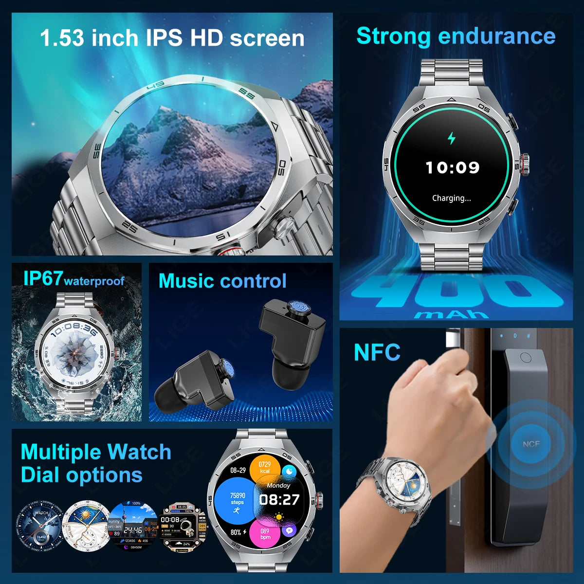 ⌚ LIGE NFC Smart Watch με Ενσωματωμένα Bluetooth Ακουστικά | Κλήσεις, Καρδιακός Ρυθμός, Οξυγόνο, Μουσική & Voice Assistant