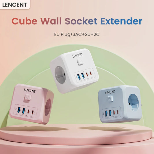 LENCENT EU Plug Cube 🔌 | 7-in-1 Power Hub ⚡ | 3 AC + 2 USB + 2 Type-C 🔋 | On/Off Switch ✅