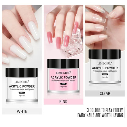 💅✨ Acrylic Nail Kit – Crystal Liquid 40ml & Acrylic Powder 45ml (Pink, White, Clear) 🎯