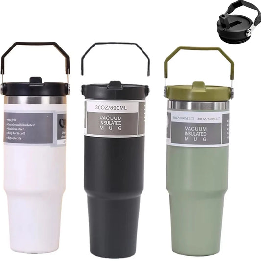 30 Oz Stainless Steel Thermos Mug Tritan Material Double Layer Vacuum Insulation Tape Handle, Perfect for Iced and Hot Drinks