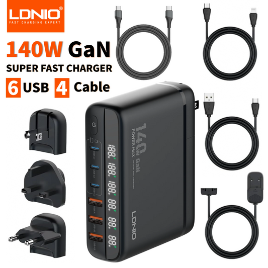 ⚡ LDNIO 140W GaN USB-C Fast Charger 6-in-1 | Universal Travel Adapter για Laptop & Κινητά