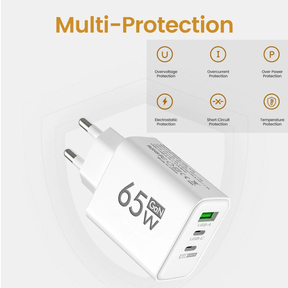⚡🔋 Total 65W GaN USB PD Charger – Φορτιστής Τοίχου 3 Θυρών για Γρήγορη Φόρτιση 📱💻