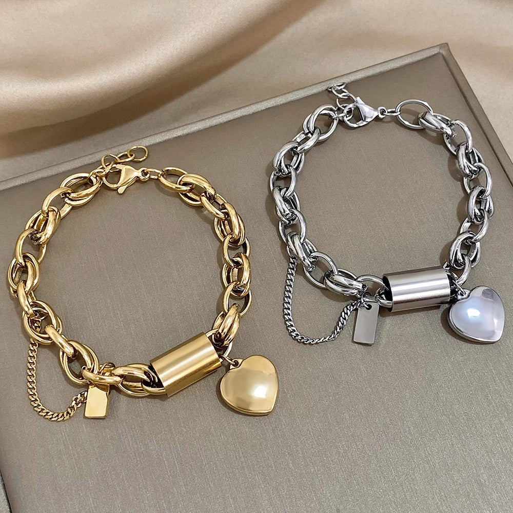 💛 Heart Lock Charm Bracelet – Γυναικείο Επιχρυσωμένο Βραχιόλι με Καρδιά & Χοντρή Αλυσίδα | Stainless Steel, Anti-Fade & Hypoallergenic