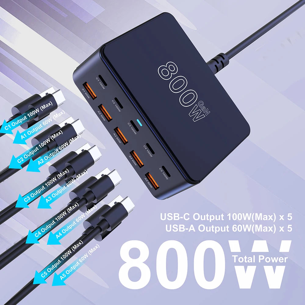⚡🔌 800W GaN Desktop Charger – 10 Θύρες USB-C / USB-A PD Fast Charging
