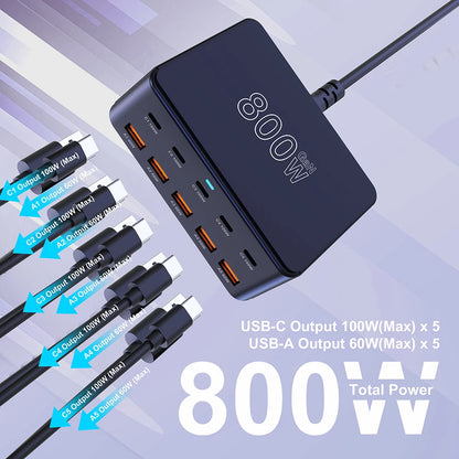 ⚡🔌 800W GaN Desktop Charger – 10 Θύρες USB-C / USB-A PD Fast Charging