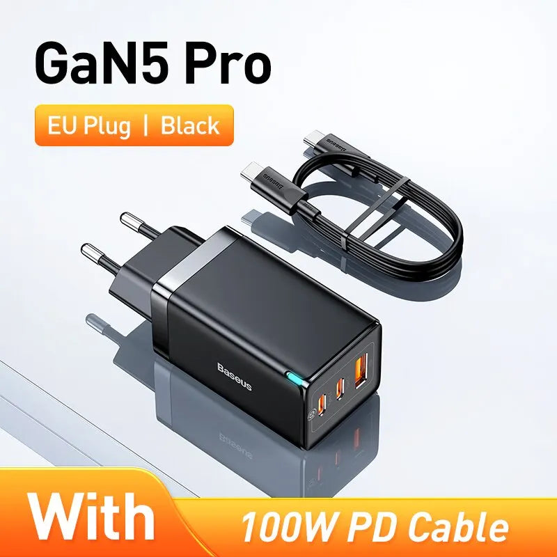 ⚡🔌 Baseus GaN5 Pro 65W Φορτιστής – PD & QC4.0/3.0 με 3 Θύρες (Type-C & USB) + Καλώδιο 100W 🚀