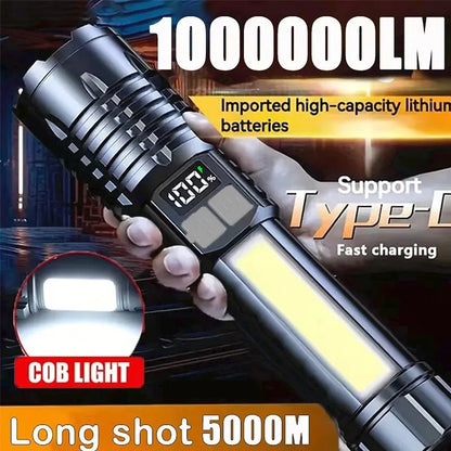 🔦 High Power LED Flashlight – Επαναφορτιζόμενος Φακός με COB Πλευρικό Φως & Type-C Charging
