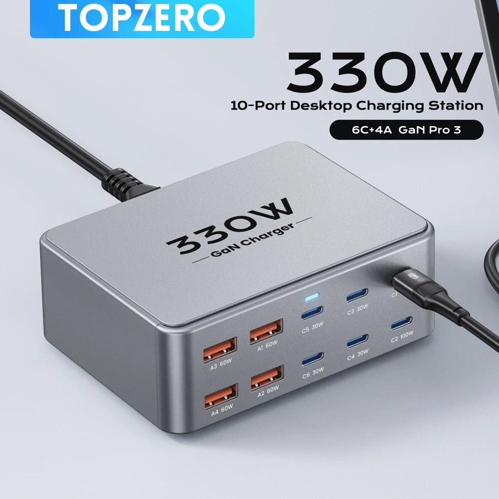 ⚡🔌 330W GaN Desktop Charger – 10 Θύρες (6×USB-C + 4×USB-A) PD 3.0 / PPS / QC 3.0