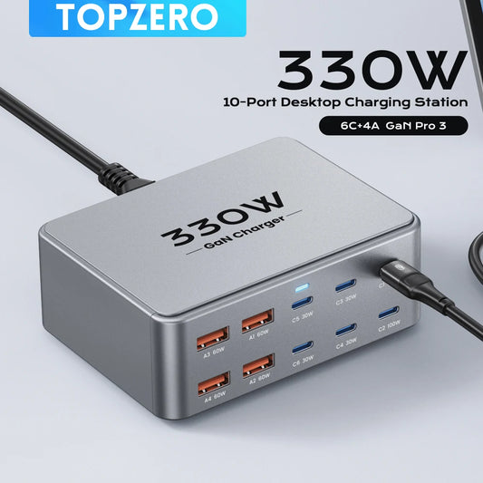 ⚡🔌 330W GaN Desktop Charger – 10 Θύρες (6×USB-C + 4×USB-A) PD 3.0 / PPS / QC 3.0