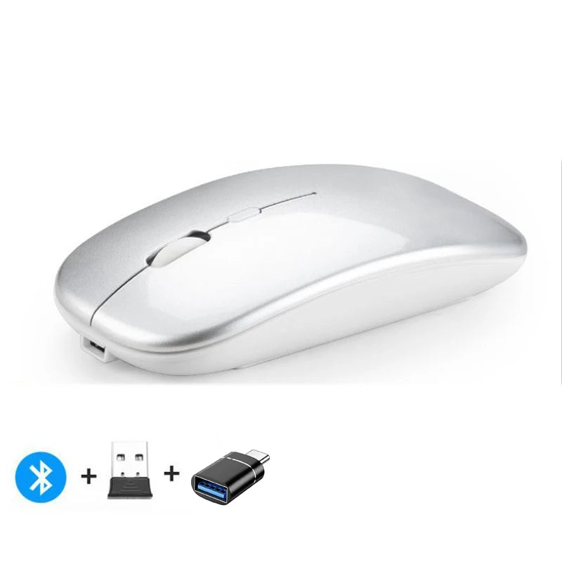 🖱️ Rechargeable Wireless Mouse – Dual Mode Bluetooth + 2.4GHz • Silent Click • Rechargeable Battery • 800–1600 DPI • Ultra-Slim Design ⚡