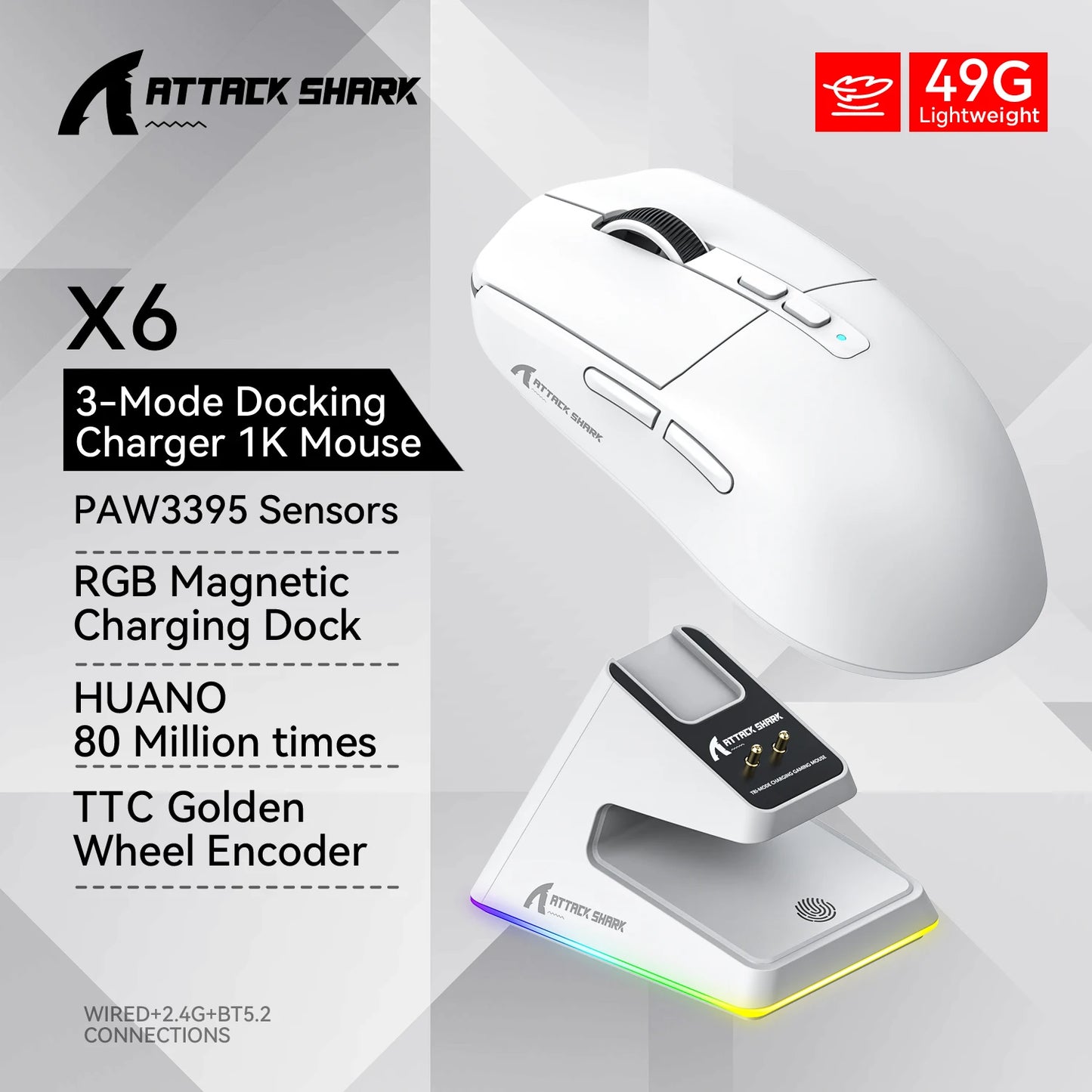 🖱️ Attack Shark X6 PAW3395 Gaming Mouse – Tri-Mode, RGB Base & 26K DPI