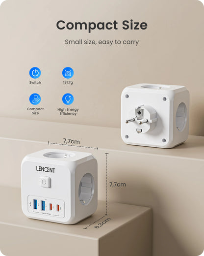 LENCENT EU Plug Cube 🔌 | 7-in-1 Power Hub ⚡ | 3 AC + 2 USB + 2 Type-C 🔋 | On/Off Switch ✅