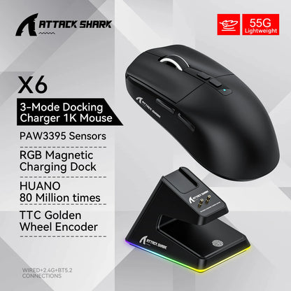🎮🦈 ATTACK SHARK X6 – Ultra-Light Gaming Mouse με PAW3395, Tri-Mode & RGB Charging Base ⚡