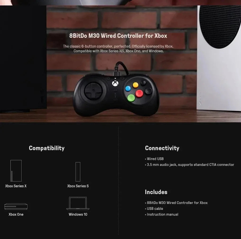 🎮 8BitDo M30 Ενσύρματο Gamepad για Xbox Series X|S / Xbox One / Windows | 6-Button Retro Layout | Officially Licensed | Plug & Play