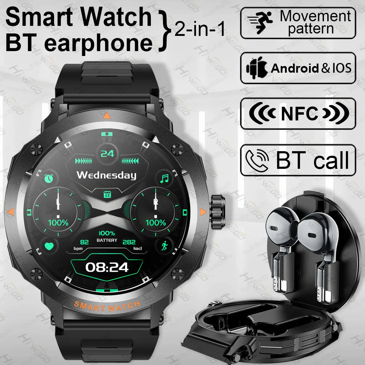 ⌚ Smart Watch με Ενσωματωμένα Bluetooth Ακουστικά 2-σε-1 | NFC, Κλήσεις, GPS, Καρδιακός Ρυθμός & Μουσική – Ιδανικό Δώρο για Άνδρες