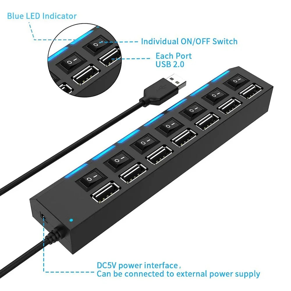🔌💻 USB 2.0 Hub με 7 Θύρες – Multi USB Splitter με Διακόπτες & LED Ένδειξη