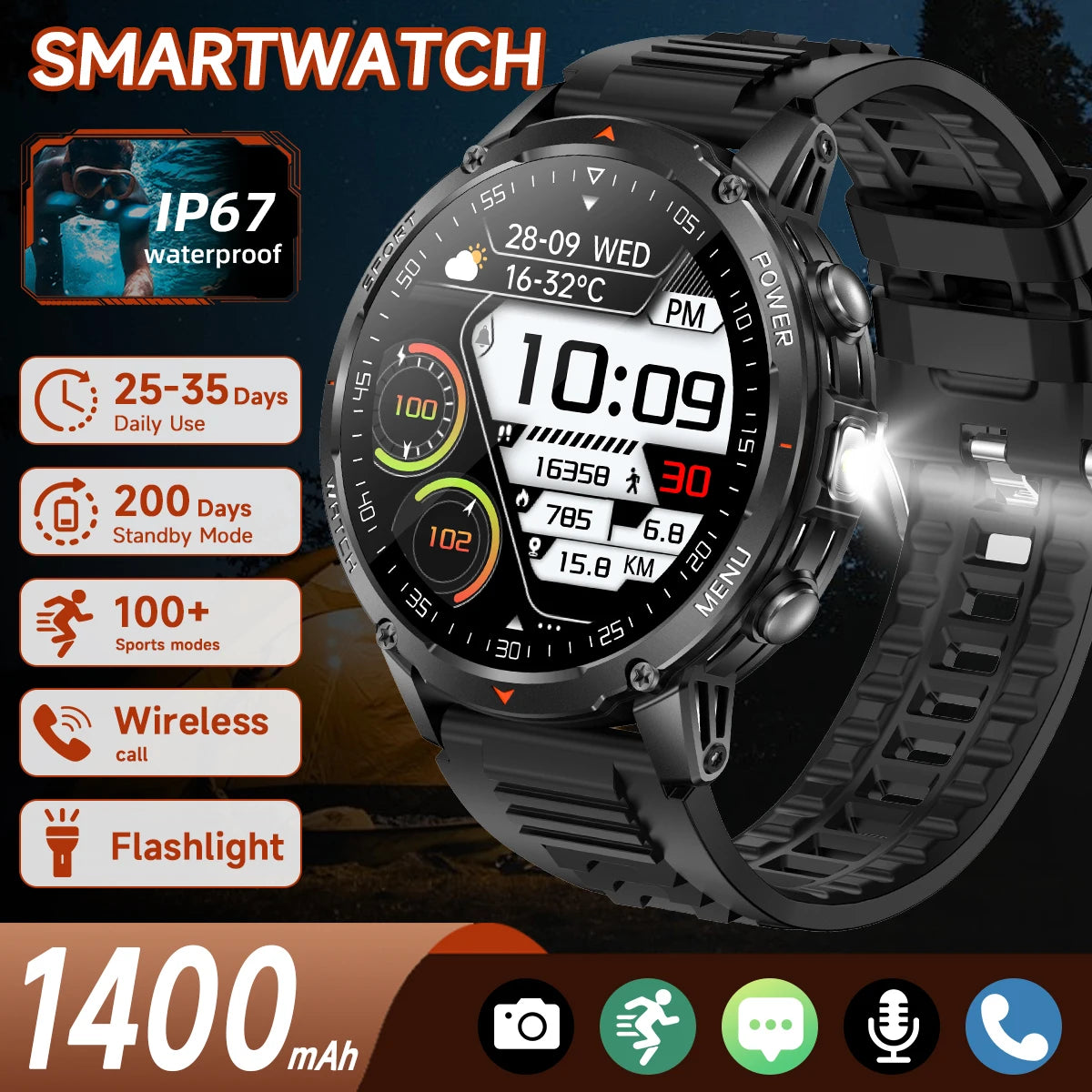 Military Smartwatch με 1400mAh Μπαταρία & Bluetooth Calling