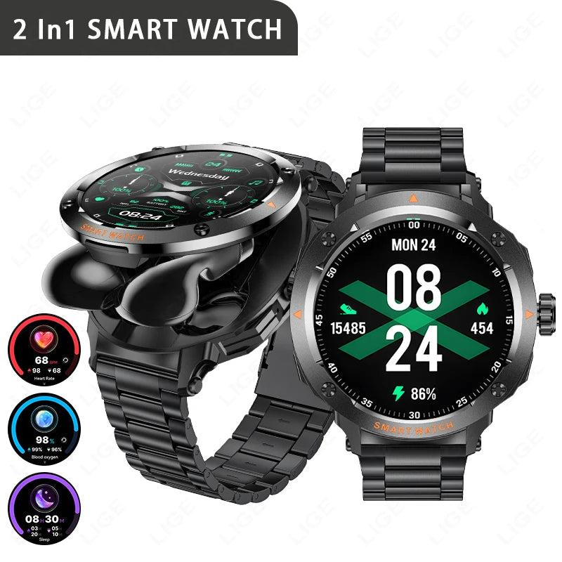 ⌚ LIGE 2-σε-1 Smart Watch με Ενσωματωμένα Bluetooth Ακουστικά TWS | NFC, Καρδιακός Ρυθμός, Οξυγόνο, Κλήσεις & Fitness Tracker