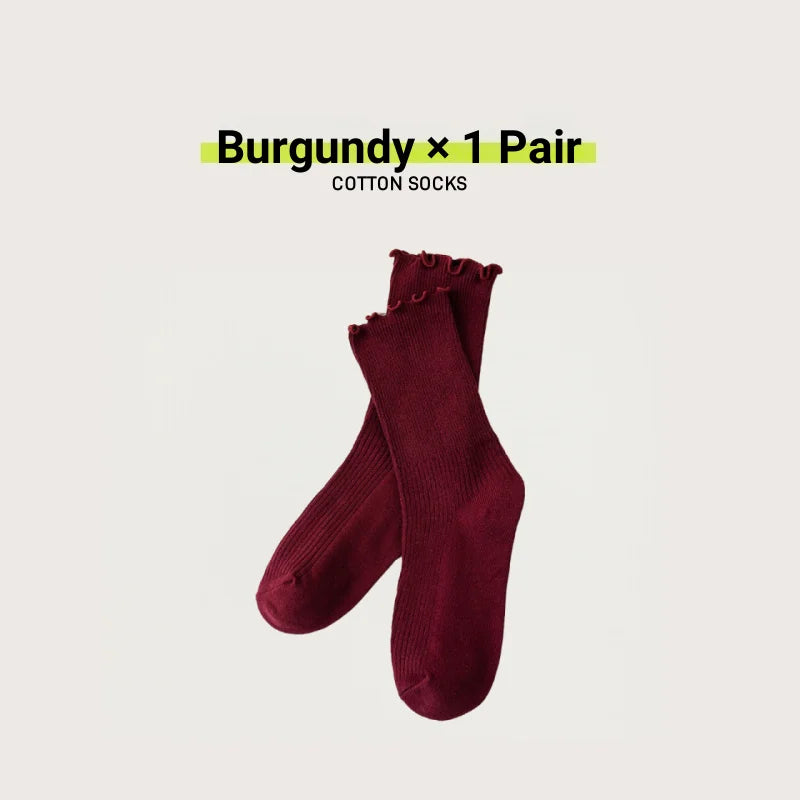 🧦 Γυναικείες Κάλτσες Cotton Stackable – Vintage Στυλ με Ruffle Trim (1/3/5 Ζευγάρια)
