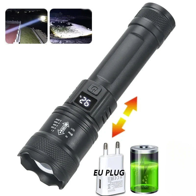 🔦 9900LM Powerful LED Flashlight – Επαναφορτιζόμενος Φακός με Zoom & Ένδειξη Μπαταρίας (USB Type-C)